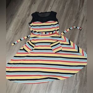 Effie's Heart Colorful Black Mesh Top Swing Dress, Belted, Pockets Large